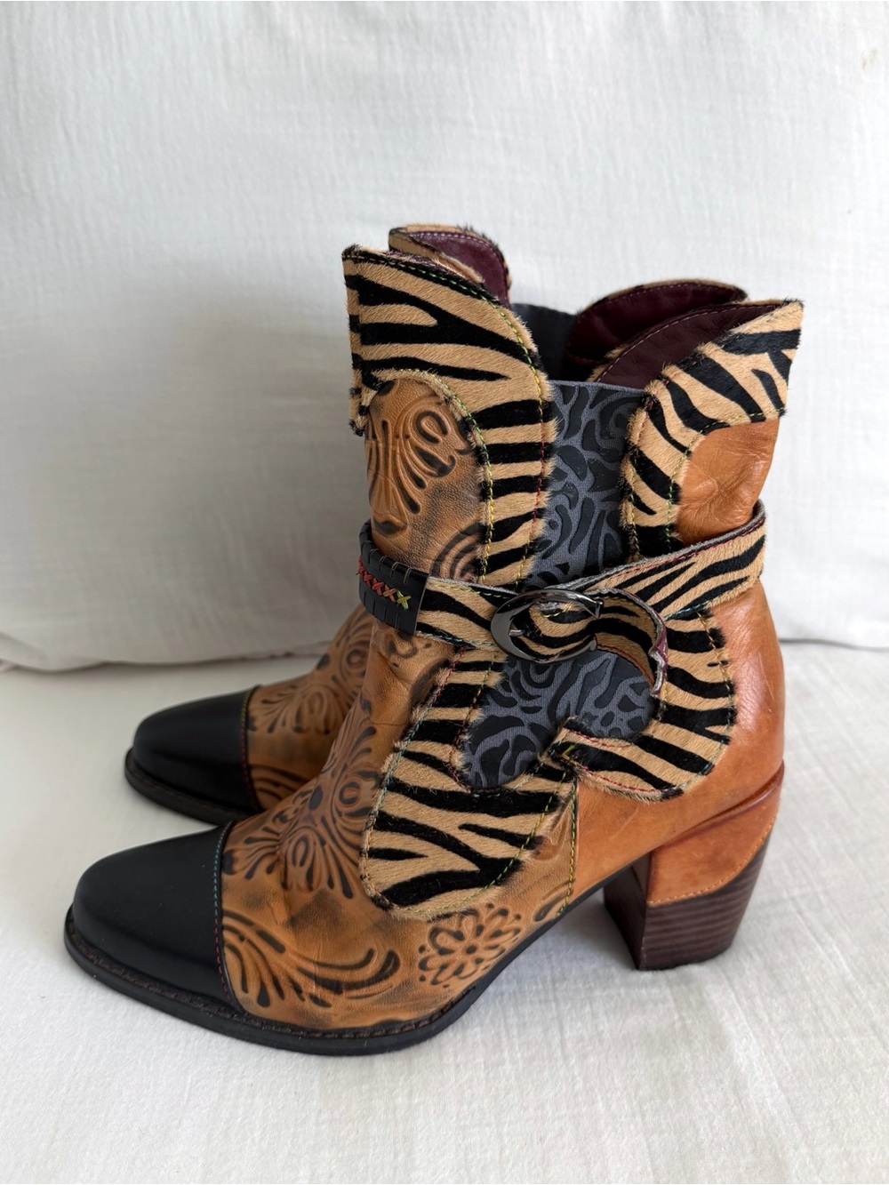 Socofy Zebra Western Patchwork Leather Boots